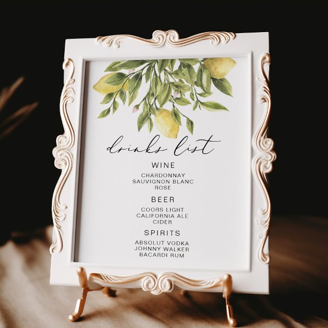 Lemon Calligraphy Drinks List Pub-tecken Poster (Skapare uppladdad)