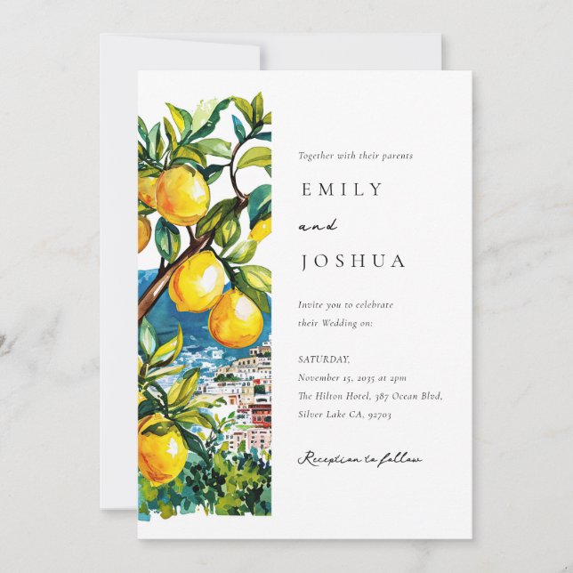 Lemon Citrus Amalfi Kusten Italienska Bröllop Inbjudningar (Framsida)