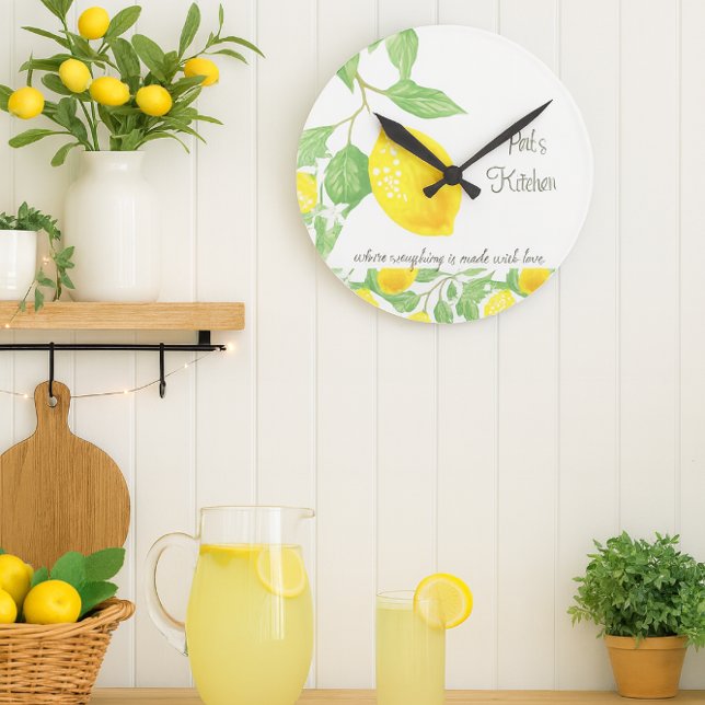 Lemon Citrus Anpassad Kök Väggur (Personalize this cheerful lemon citrus wall clock with a name. It makes an excellent gift )