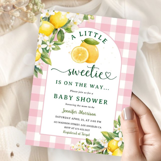 Lemon Citrus Baby Shower Girl Rosa Gingham Inbjudningar (Skapare uppladdad)