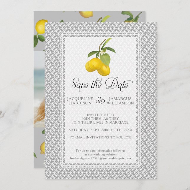 Lemon Citrus Blommigt Foliage Grått Gult Photo Spara Datumet (Fram/baksida)