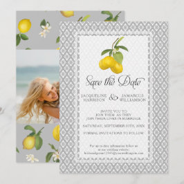 Lemon Citrus Blommigt Foliage Grått Gult Photo Spara Datumet
