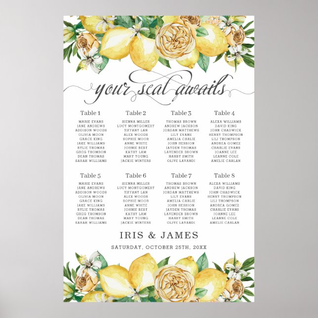 Lemon Citrus Blommigt Greenery Bröllop Sittdiagram Poster (Framsidan)
