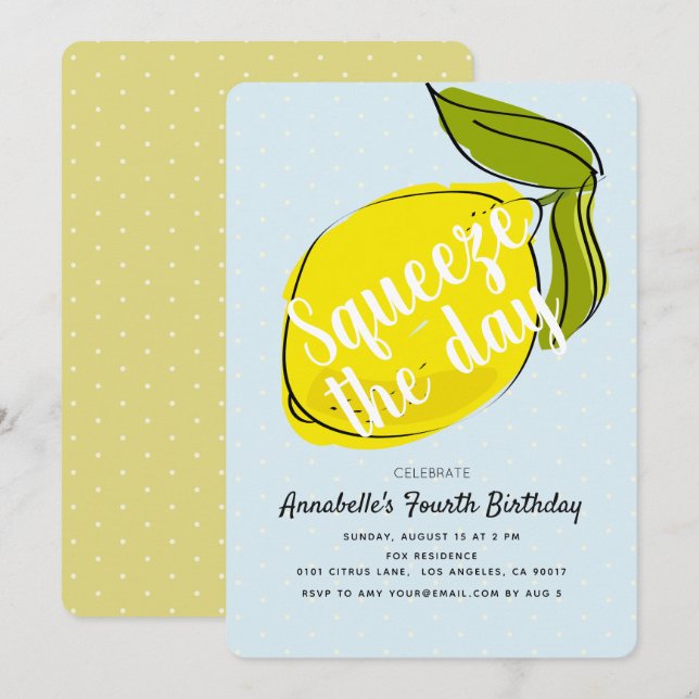 Lemon Citrus Blue Birthday Inbjudningar (Fram/baksida)