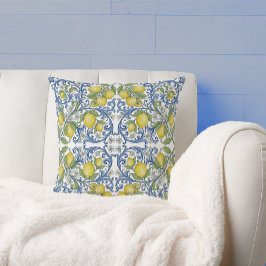 Lemon Citrus Blue Scroll Italian Tile Pattern Kudde