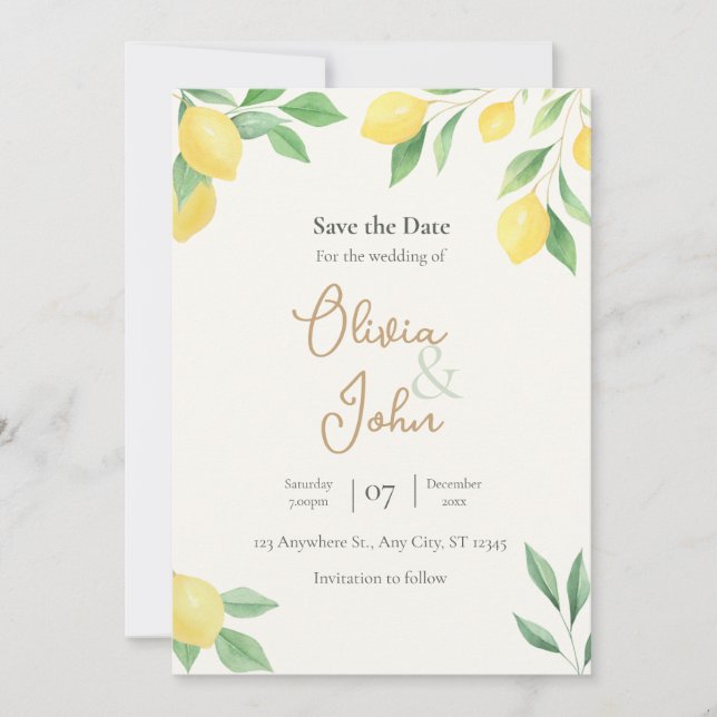 Lemon Citrus Greenery Save the Date Photo Back Inbjudningar (Framsida)