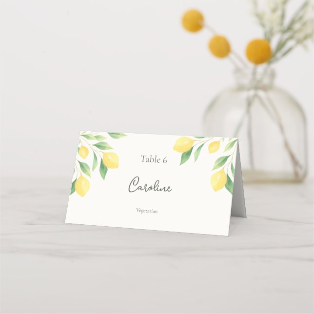 Lemon Citrus Greenery Wedding Place Card with Meal Placeringskort (Framsida)