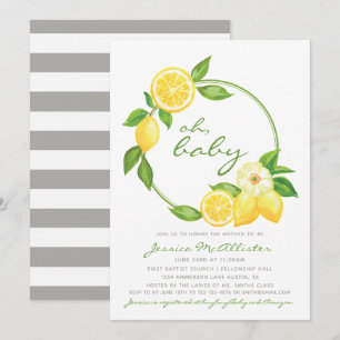 Lemon Citrus Grönt Grått Rand Unisex Baby Shower Inbjudningar