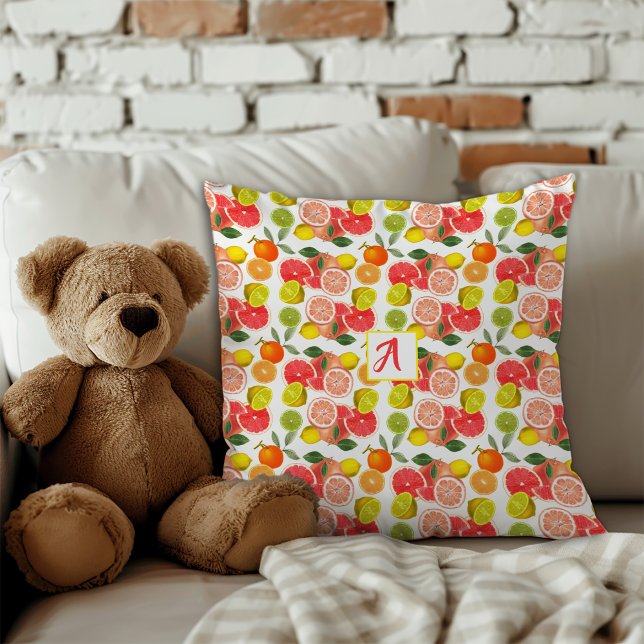 Lemon citrus gul röd Mönster  Kudde (The charming design showcases a mix of cheerful citrus fruits like lemons, grapefruits, limes.)