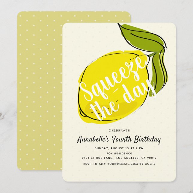 Lemon CItrus Gult Birthday Inbjudningar (Fram/baksida)