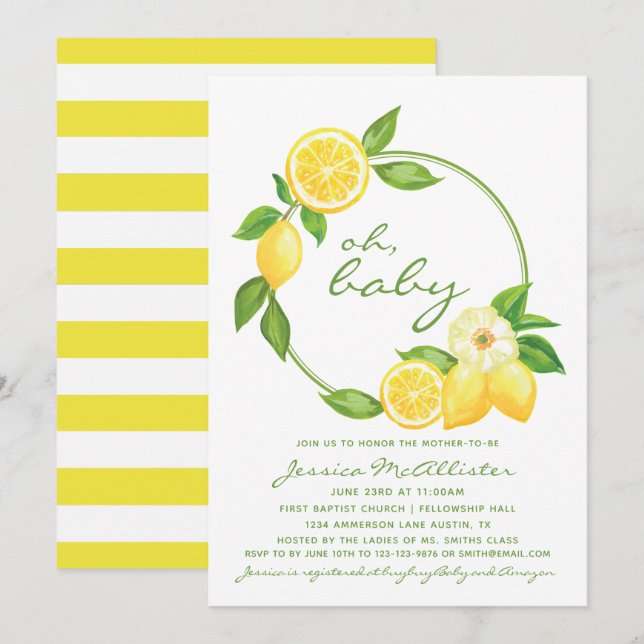 Lemon Citrus Gult Rand Unisex Baby Shower Inbjudningar (Fram/baksida)