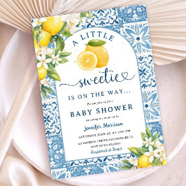 Lemon Citrus Mediterranean Baby Shower Blue Tiles Inbjudningar