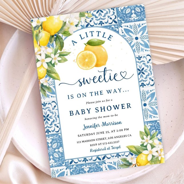Lemon Citrus Mediterranean Baby Shower Blue Tiles Inbjudningar (Skapare uppladdad)