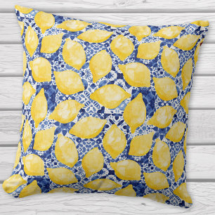 Lemon Citrus Mediterranean Blue White Tile Mönster Kudde
