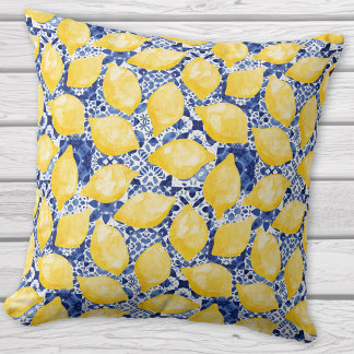 Lemon Citrus Mediterranean Blue White Tile Mönster Kudde