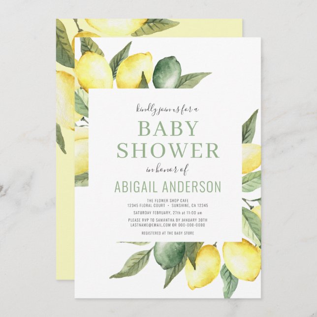 Lemon Citrus Modern Watercolor Baby Shower   Inbjudningar (Fram/baksida)
