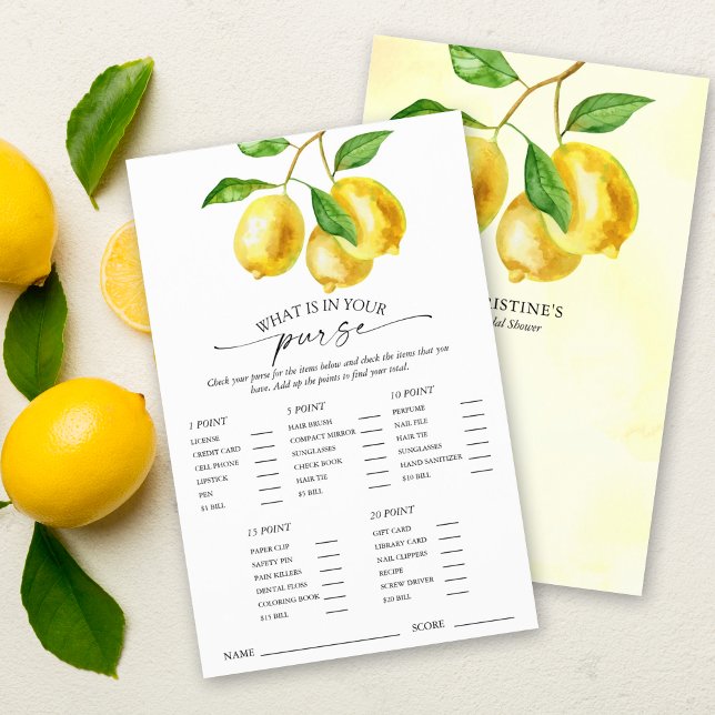 Lemon Citrus Möhippa Purse Game (This "What is in you purse" bridal shower game is both entertaining and stylish with citrus lemons.)