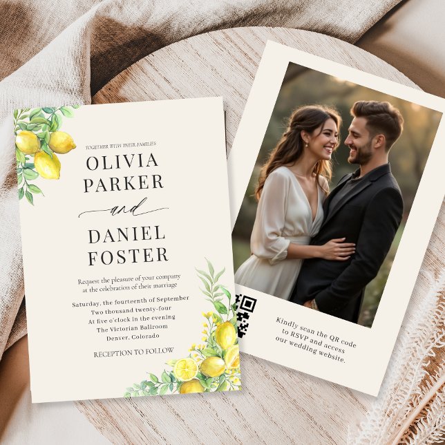 Lemon Citrus QR Code Photo Wedding Inbjudningar (Skapare uppladdad)