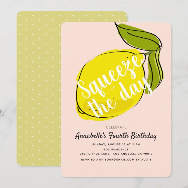 Lemon CItrus Rosa Girl Birthday Inbjudningar (Fram/baksida)