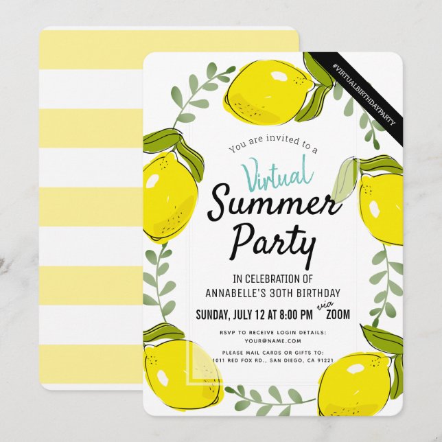 Lemon Citrus White Summer Vuxen Virtuell Birthday Inbjudningar (Fram/baksida)