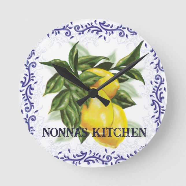 Lemon Clock med Fransk Toile Gräns Elegant Italien Rund Klocka (Framsida)