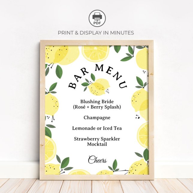 Lemon Cocktail Bar Menu Bridal Shower Sign Poster (Skapare uppladdad)