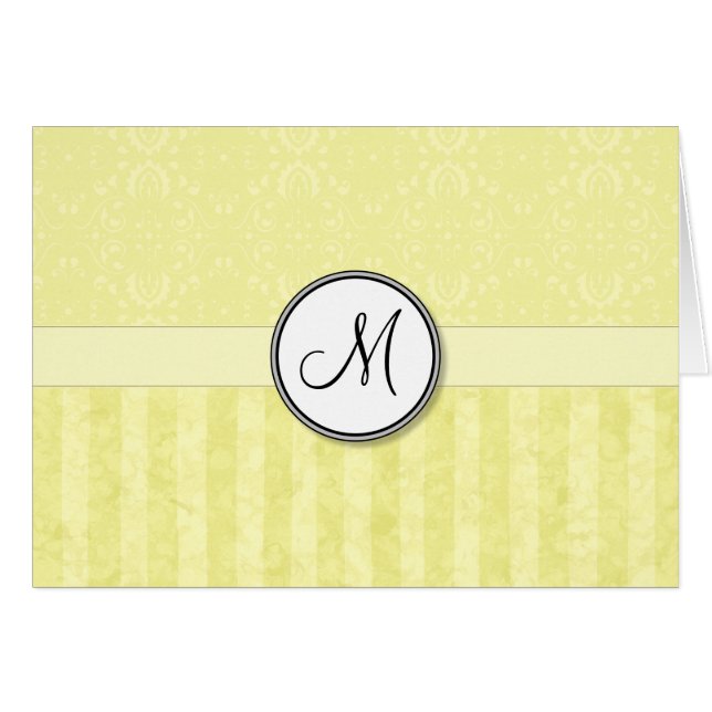 Lemon Cream Damask med Rand och Monogram Hälsningskort (Framsidan Horizontal)