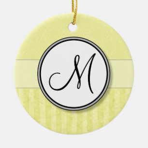Lemon Cream Damask med Rand och Monogram Julgransprydnad Keramik