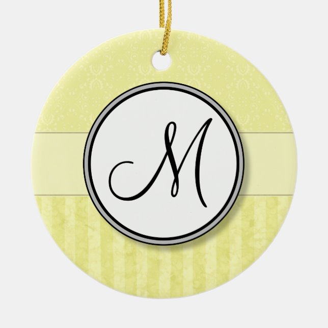 Lemon Cream Damask med Rand och Monogram Julgransprydnad Keramik (Framsidan)