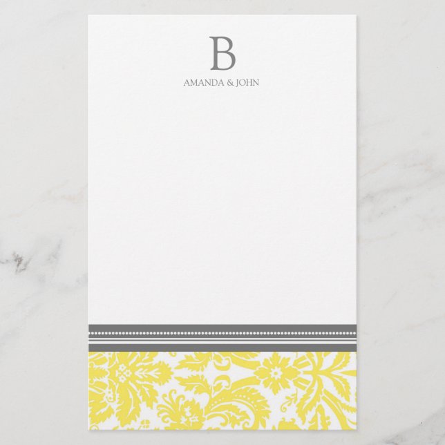 Lemon Damask Wedding Monogram Stationery Brevpapper (Framsida)