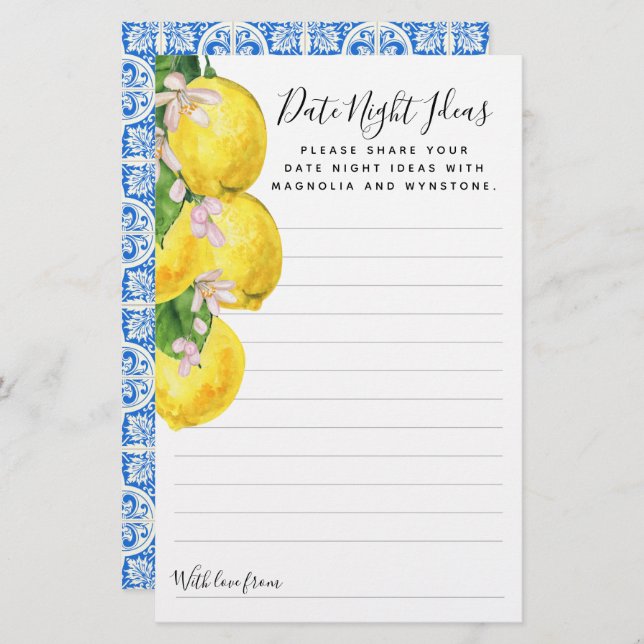 Lemon Date Night Ideas Cards (Fram/baksida)