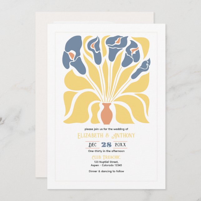 Lemon & Denim Abstract Floral Boho Wedding Inbjudningar (Fram/baksida)