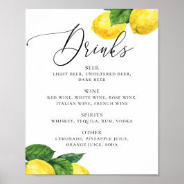 Lemon Drinks-tecken | Citrus Botanical Bröllop Pub Poster
