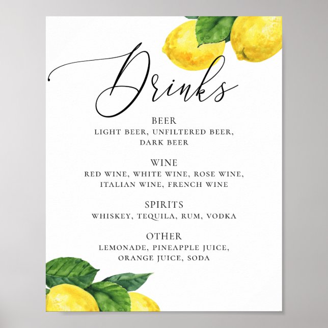 Lemon Drinks-tecken | Citrus Botanical Bröllop Pub Poster (Framsidan)