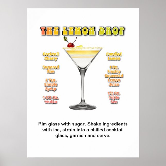 LEMON DROP MARTINI 18"x24" Cocktail Recipe Art Poster (Framsidan)
