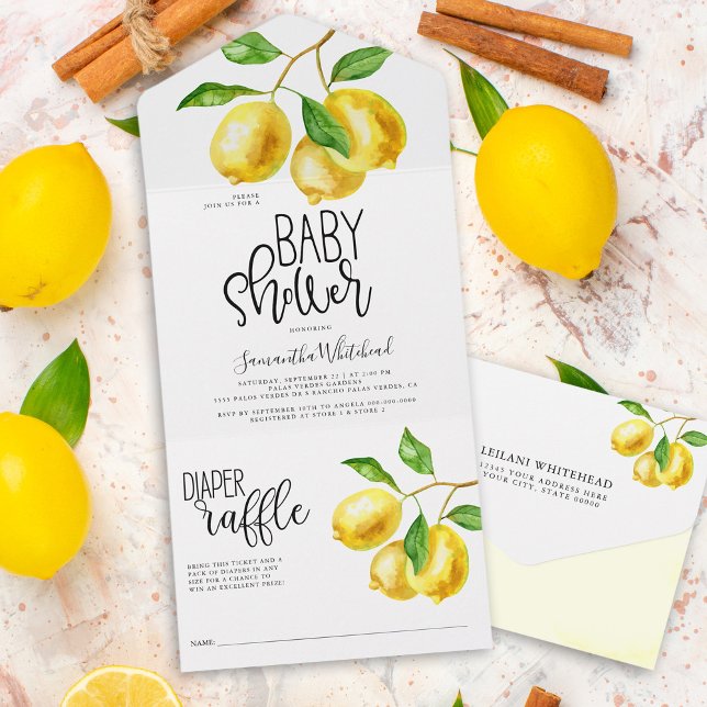 Lemon Drop Watercolor Diaper Raffle Baby Shower (Lemon citrus watercolor baby shower all in one invitation includes a tear away diaper raffle.)