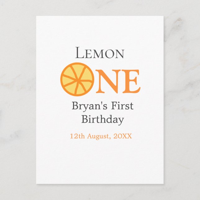 Lemon en glad 1-årsdag orange grå retro boho vykort (Framsida)