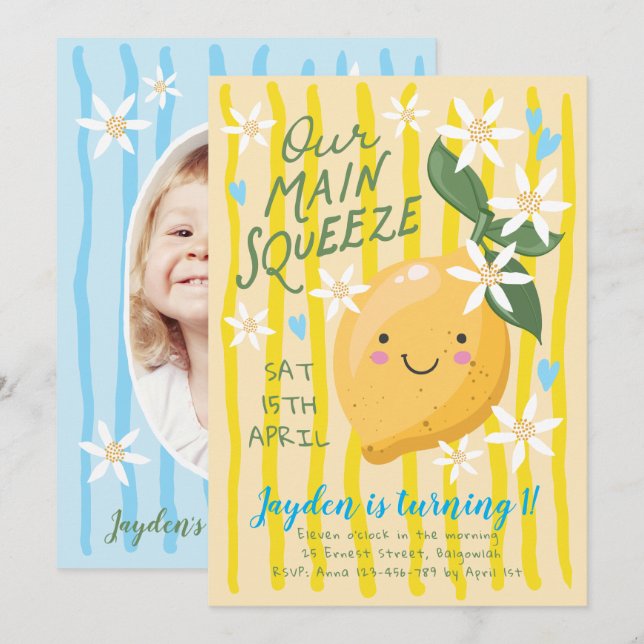 Lemon First Birthday Invite, Main Squeeze 1st  Inbjudningar (Fram/baksida)