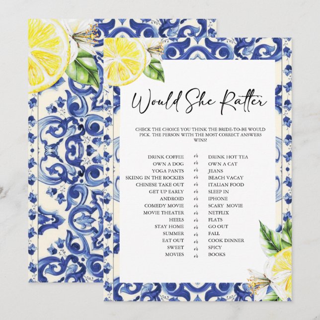 Lemon Floral Mediterranean Bridal Shower game Inbjudningar (Fram/baksida)