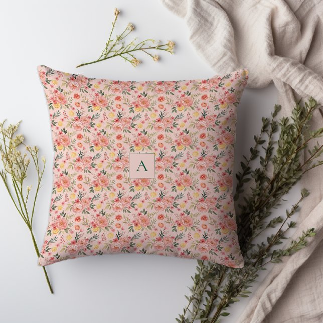 Lemon  Floral pink Peony rustic Pattern monogram Kudde (The pretty pink design is bursting with lemons, sweet little flowers, and lovely peonies/)