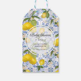 Lemon Flower Citrus Foliage Blue White Baby Shower Presentetikett
