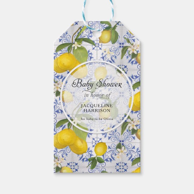 Lemon Flower Citrus Foliage Blue White Baby Shower Presentetikett (Framsidan)