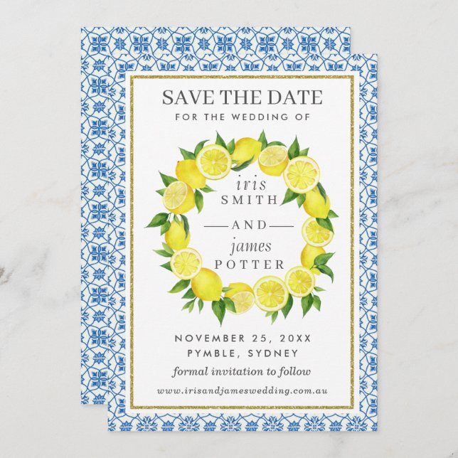 Lemon Foliage Mediterranean Save Date Card Spara Datumet (Fram/baksida)
