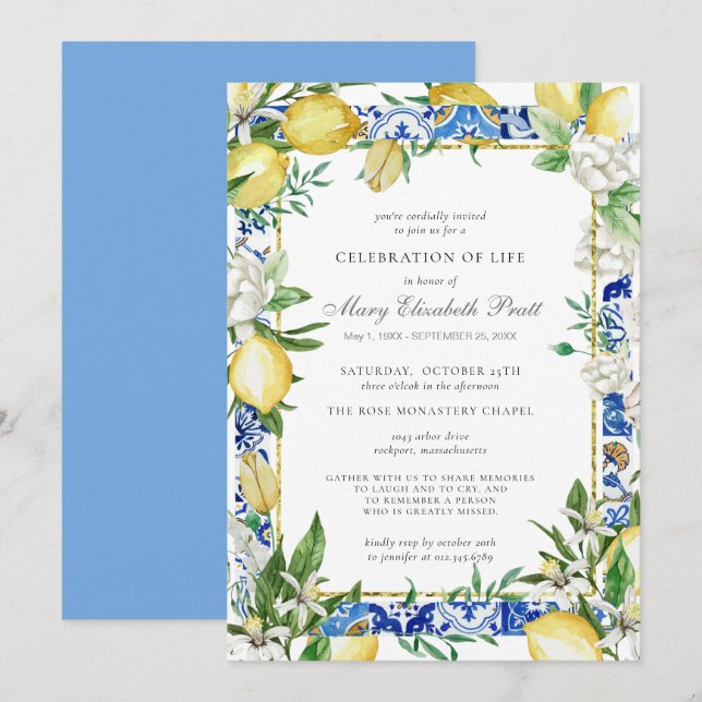 Lemon från firande of Life Memorial Service Inbjudningar (Fram/baksida)