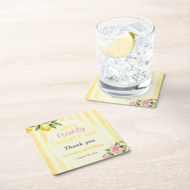 Lemon Fräscht Gula Ränder Blommig 21-årsdag Underlägg Papper Kvadrat (Insitu)