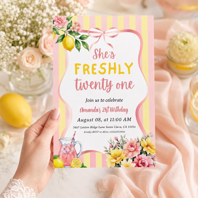 Lemon Freshly 21 Blommig Rosa Lemonad Födelsedag Inbjudningar (Skapare uppladdad)