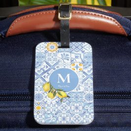 Lemon fruit monogram, blue tile bagagebricka