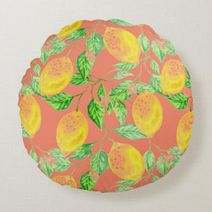 Lemon Frukt mönster gult Peach rosa vintage Rund Kudde
