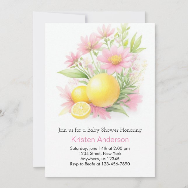 Lemon Garden Firande Rosa Baby Shower Inbjudningar (Framsida)