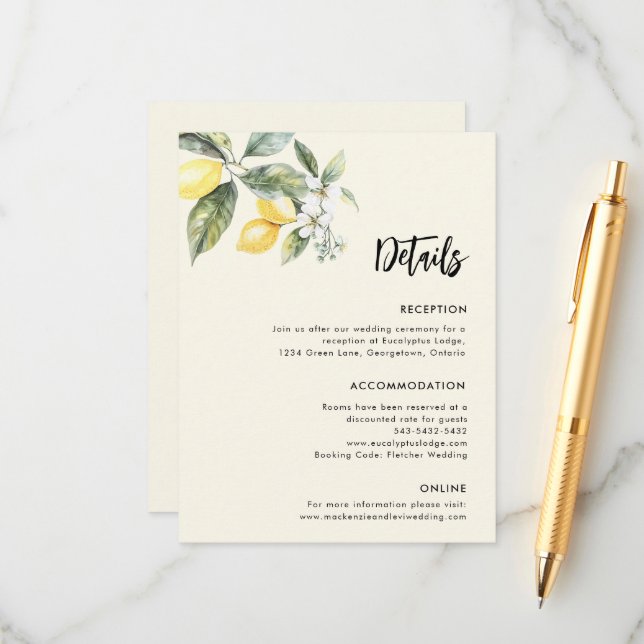 Lemon Garden Wedding-information - kort för enkelt (Fram/Back In Situ)